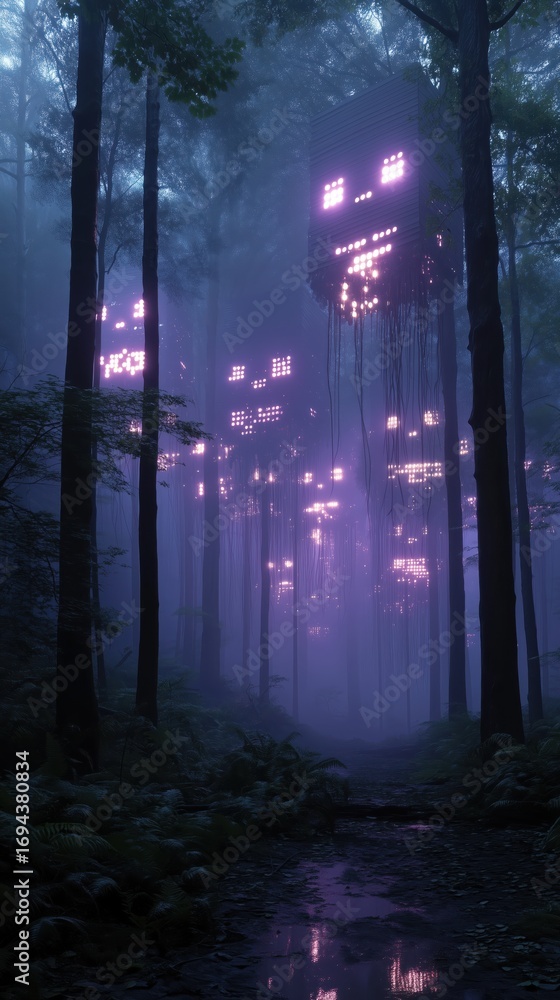 Obraz premium Haunting cyberpunk halloween in a mysterious forest documentary style image dark environment ethereal view