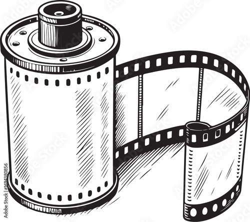 Photo Film Analog Photography Vector Illustration, Simple Doodle Sketch Drawing Line Linear Symbol Icon Coloring Book, Hand-drawn Black and White Isolated