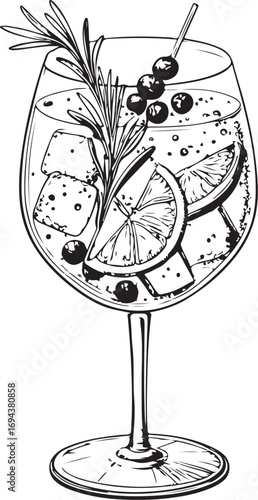 Gin and Tonic Cocktail Vector Illustration, Simple Doodle Sketch Drawing Line Linear Symbol Icon Coloring Book, Hand-drawn Black and White Isolated