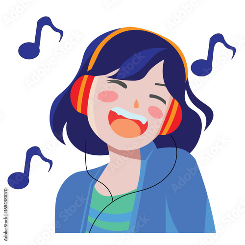 Joyful cartoon woman with headphones listening to music and singing with happiness on a white background