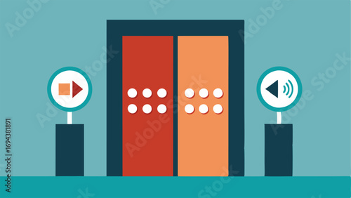 Elevator Controls An illustration highlighting an elevator with large buttons featuring tactile braille on each floor selector and a voice announcing the floors.
