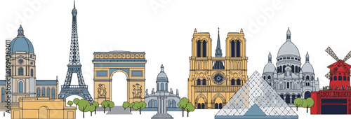 Create a kinds of deferent aris banner, Parisian monuments card vector art with white background.