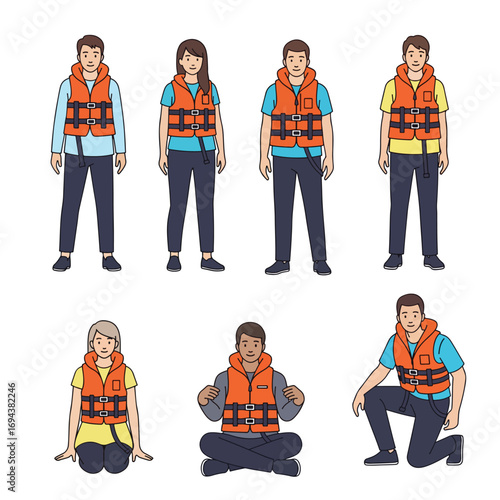 vector image set of people wearing life jackets