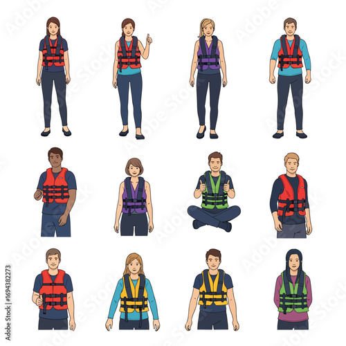 vector image set of people wearing life jackets