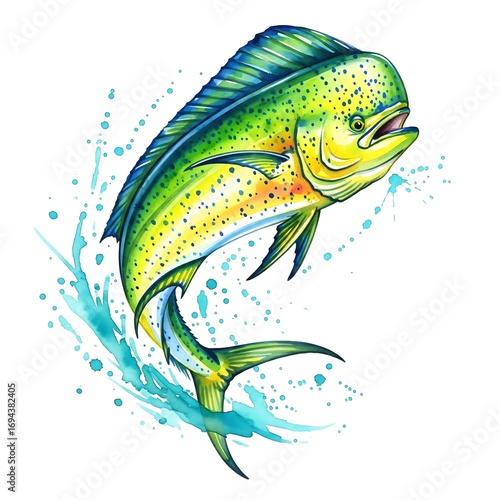 Watercolor illustration of a mahimahi fish jumping isolated on white background