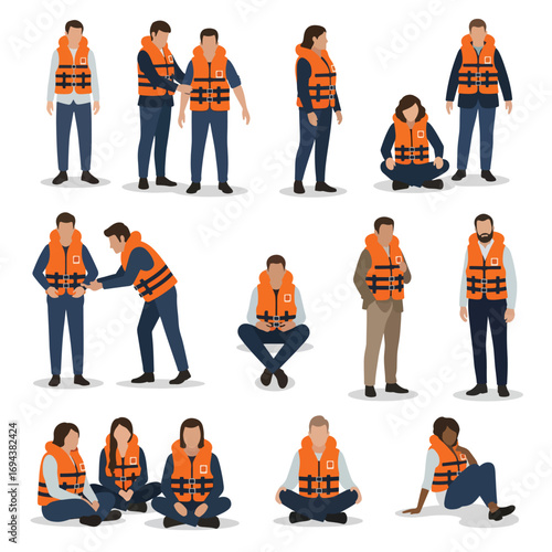 vector image set of people wearing life jackets