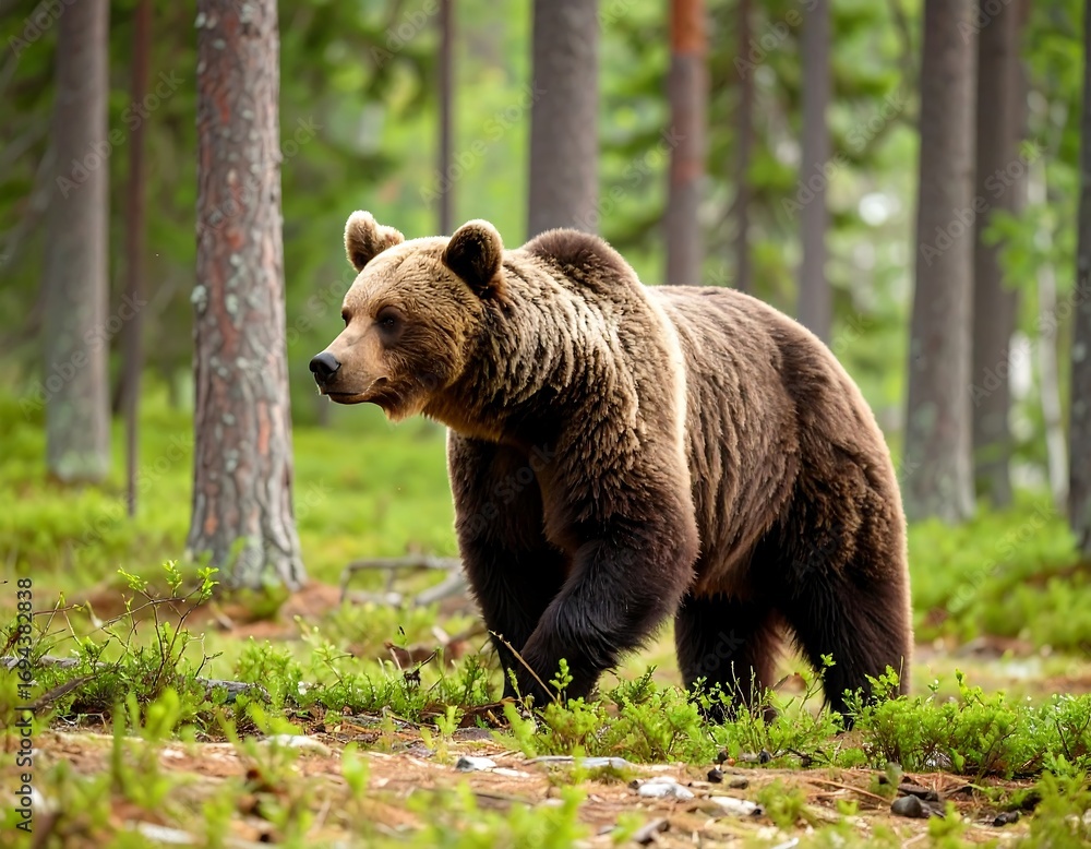 Fototapeta premium Brown bear in a pine forest