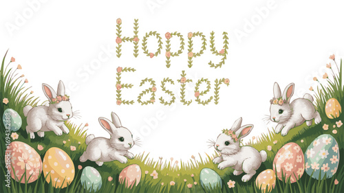 Create a kinds of deferent Easter banner, Easter background, bunny and egg on the grass vector art with white background.