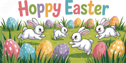 Create a kinds of deferent Easter banner, Easter background, bunny and egg on the grass vector art with white background.