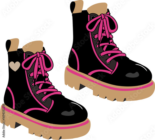 A digital illustration of a pair of stylish black combat boots with a chunky platform sole. The boots feature vibrant pink laces and trim, which create a bold, eye-catching contrast. 