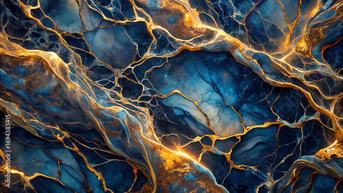 Abstract swirling deep blue and gold marbled texture with intricate organic patterns and glowing veins