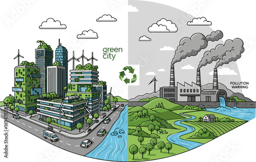 Create a kinds of deferent Green city concept, sustainable city vector art with white background.