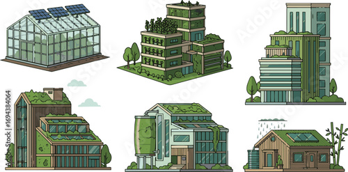 Create a kinds of deferent Green house logo, real estate company logotype vector art with white background.