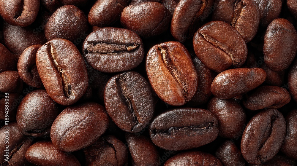 Naklejka premium Close-up View of Rich Dark Roasted Coffee Beans on a Wooden Surface