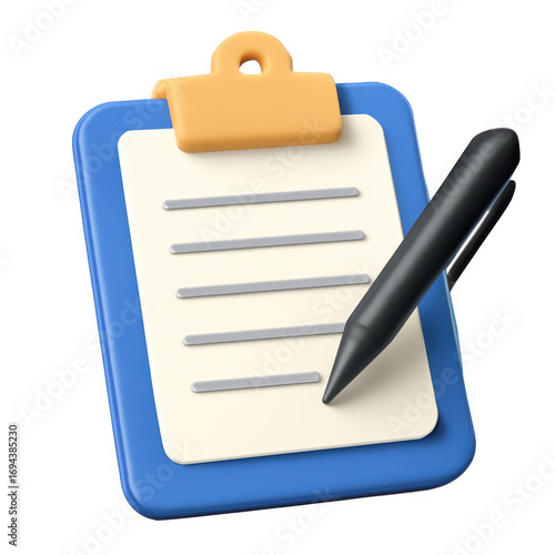 Stylized 3d icon of a clipboard with pen for note taking and task management white background