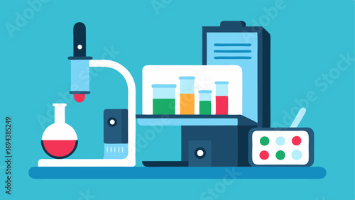 Biomarker Testing Station An illustration of a compact workstation set up outside the mobile lab with various test tubes a microscope and a laptop displaying test results.