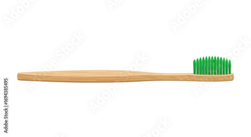Natural bamboo toothbrush with vibrant green bristles, isolated on white background.