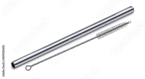 Reusable stainless steel drinking straw with cleaning brush.
