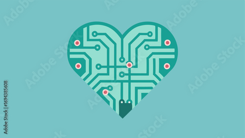 Circuit Board Heart A heart icon made of circuit board patterns representing the integration of technology into the monitoring of heart health within the digital twin framework.