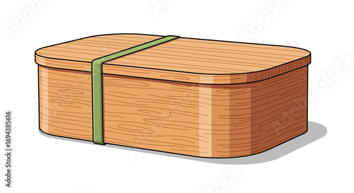 Wooden lunchbox with a green rubber band.
