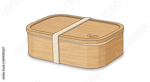A closed, rectangular, wooden bento box with a light-colored strap securing the lid, presented on a white background.