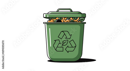 A green recycling bin overflowing with food scraps, showing ecological awareness.