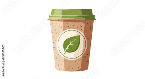 Eco-friendly disposable coffee cup with a green leaf design.