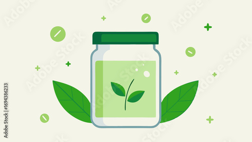 EcoFriendly Aspect An illustration of a recyclable scrub jar with green leaves around it highlighting the ecofriendly nature of the product while featuring exosome molecules in the