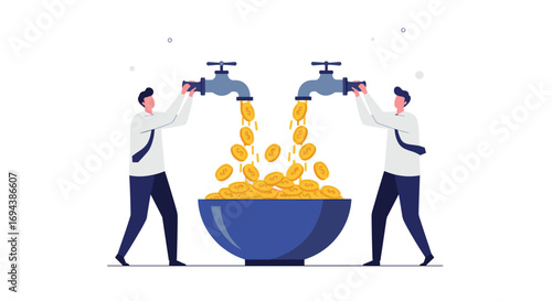 Two businessmen turning on faucets pouring gold coins into a large bowl together