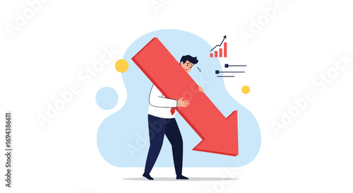 Man struggling with a large red arrow pointing downwards symbolizing business decline