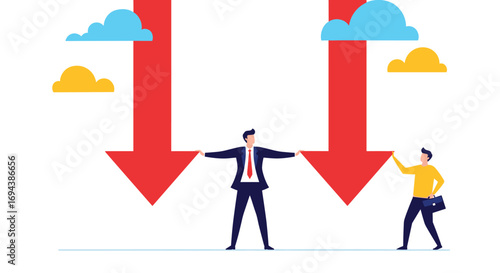 Two businessmen brace against descending red arrows symbolizing downward economic trends
