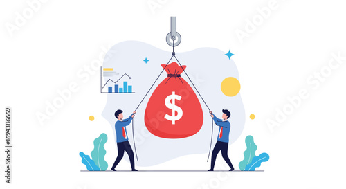 Two businessmen pulling a money bag tied to a hook for financial growth