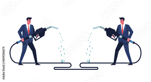 Two businessmen in suits filling up with fuel from gas pumps mirroring each other