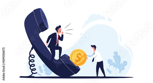 Businessman yelling into huge old telephone receiving money coin illustration concept