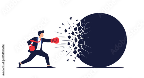 Businessman with boxing gloves punches a large dark sphere causing it to shatter into pieces