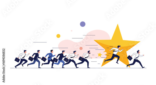 Businesspeople race towards a giant golden star representing success and achievement