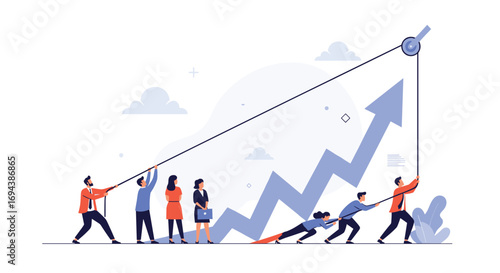Teamwork efforts pulling up the business growth arrow chart upwards to success