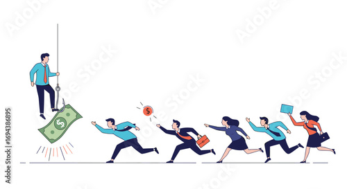 Businesspeople chasing after flying money symbolizing financial opportunity and success