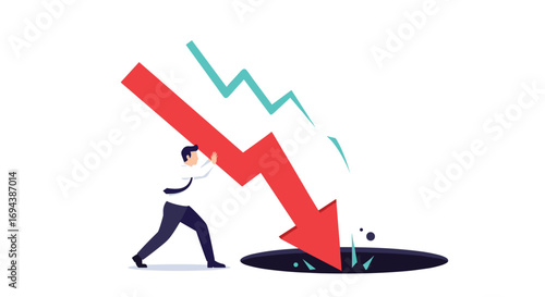 Business man trying to stop a falling stock market downward trend into a hole