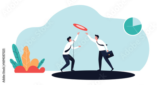 Two businessmen playing frisbee in a park with a pie chart symbolizing success