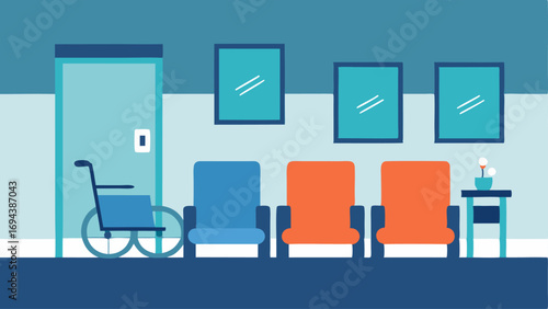 Accessible Waiting Area A waiting room illustration featuring comfortable seating arrangements with spaces for wheelchairs and mobility aids.