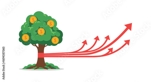 Money tree growing with upward trend arrows indicating financial growth and investment success