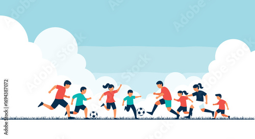 Children and adults playing soccer on a grassy field under a cloudy sky