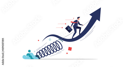 Business person accelerating forward on upward growth arrow with spring propulsion