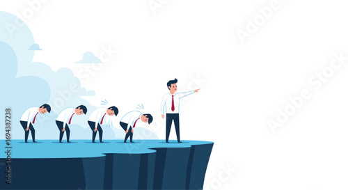 Leader guiding team forward off cliff edge with confidence and vision