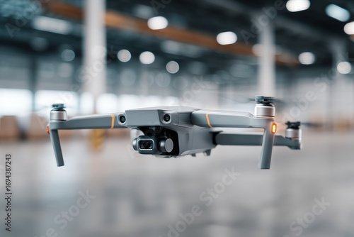modern drone equipped with advanced surveillance technology guards minimalist warehouse ready to respond to any