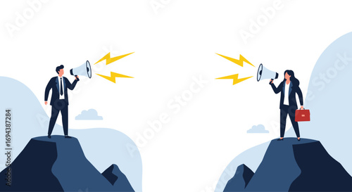 Business people shouting through megaphones across a gap symbolizing communication challenges