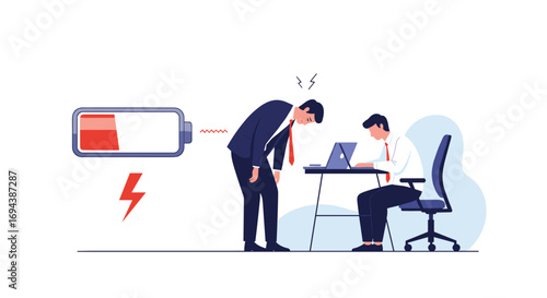 Office worker exhaustion low battery energy concept flat illustration