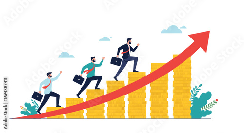 Business professionals ascending a growing money staircase toward financial success and profit charts