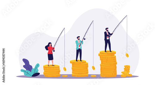 People fishing for money growing on stacks of coins on a graph representing financial growth